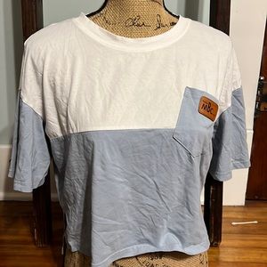 Fashion MBC half white-half baby blue crop top with faux leather patch on pocket